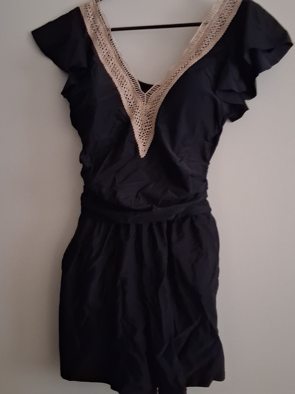 Black Swimsuit with Cream Crochet V-Neck